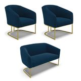 Namoradeira E 2 Poltronas Industrial Dourado Stella Bouclê Azul D03 - D&#39;rossi