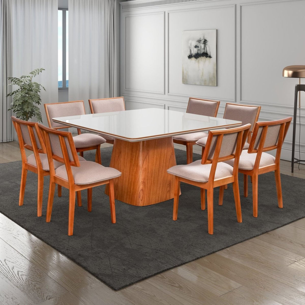 Conjunto Mesa Com 8 Cadeiras Em Madeira Maciça, Estofada Bérgamo Authentic Espresso Móveis Champagnhe/off White/verde