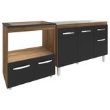 Cozinha Armário Balcão Gabinete de Pia Aline 120cm e Balcão Evelyn para Fogão Cooktop 5 Bocas e Forno Savana Preto