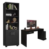 Mesa Para Computador Gamer Drx 9000 E Livreiro Office Com Portas Pequenas Preto Trama - Móveis Leão