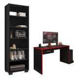 Mesa Para Computador Gamer Drx 9000 E Livreiro Office Preto Trama Vermelho - Móveis Leão