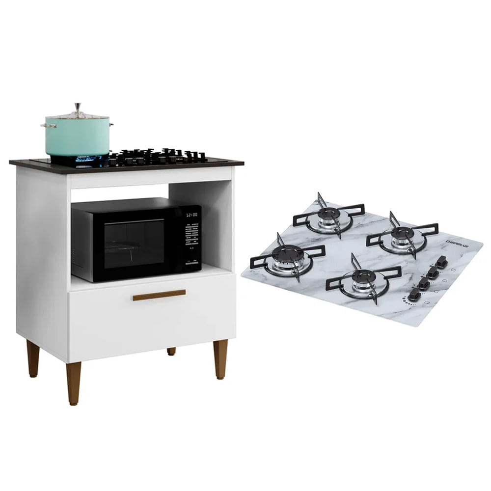 Kit Balcão Para Cooktop Cozinha Kaiki Eliz Branco Com Fogão Cooktop 4 Bocas Ultrachama Branco Mármore