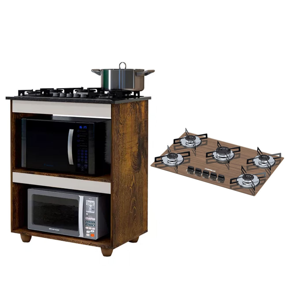 Kit Balcão Para Cooktop Cozinha Kaiki Turim Ypê/off White Com Fogão Cooktop 5 Bocas Ultra Chama Amadeirado Chamalux