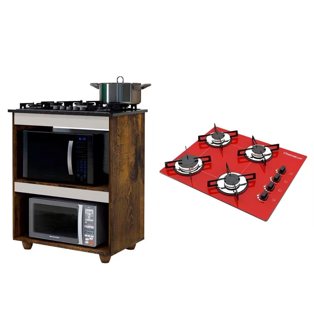 Kit Balcão Para Cooktop Cozinha Kaiki Turim Ypê Off White Com Fogão Cooktop 4 Bocas Ultra Chama Vermelho