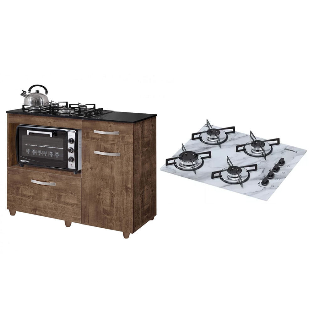 Kit Balcão Para Cooktop Cozinha Kaiki Violeta Ipê Com Fogão Cooktop 4 Bocas Branco Efeito Mármore Chamalux