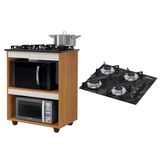 Kit Balcão Para Cooktop Cozinha Kaiki Turim Nature Off White Com Fogão Cooktop 4 Bocas Preto Mármore Chamalux