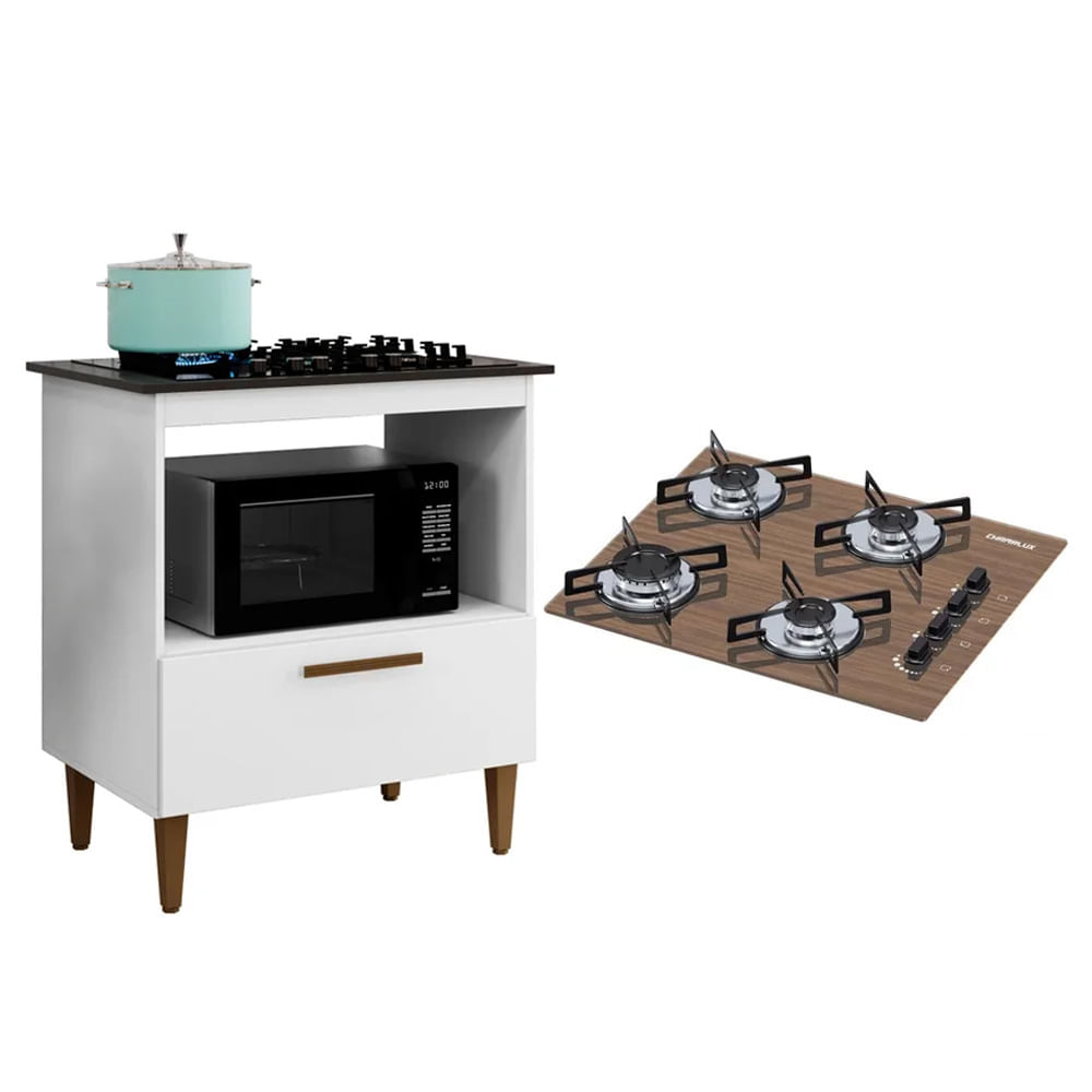 Kit Balcão Para Cooktop Cozinha Kaiki Eliz Branco Com Fogão Cooktop 4 Bocas Ultrachama Amadeirado