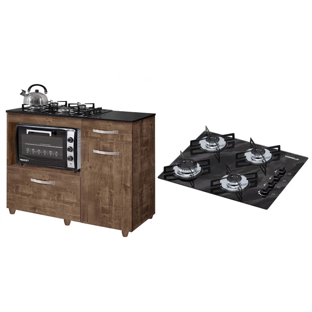 Kit Balcão Para Cooktop Cozinha Kaiki Violeta Ipê Com Fogão Cooktop 4 Bocas Preto Efeito Mármore Chamalux