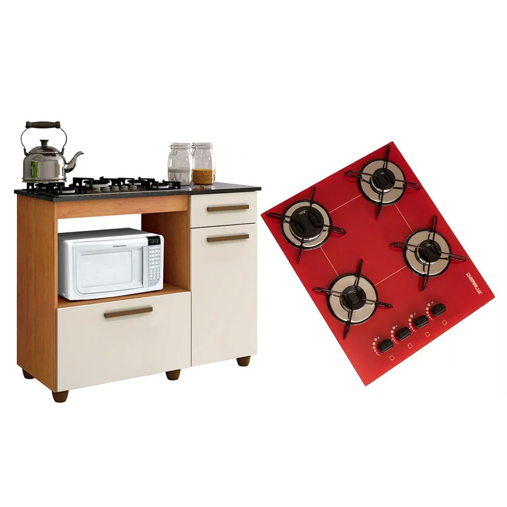 Kit Balcão Para Cooktop Cozinha Kaiki Violeta Nature Off White Com Fogão Cooktop 4 Bocas Trempe Arame Vermelho Chamalux