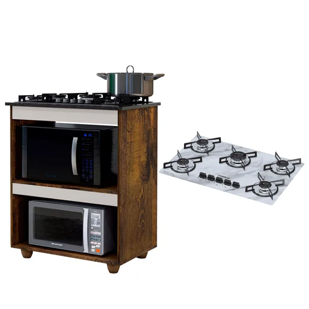 Kit Balcão Para Cooktop Cozinha Kaiki Turim Ypê/off White Com Fogão Cooktop 5 Bocas Branco Mármore Chamalux