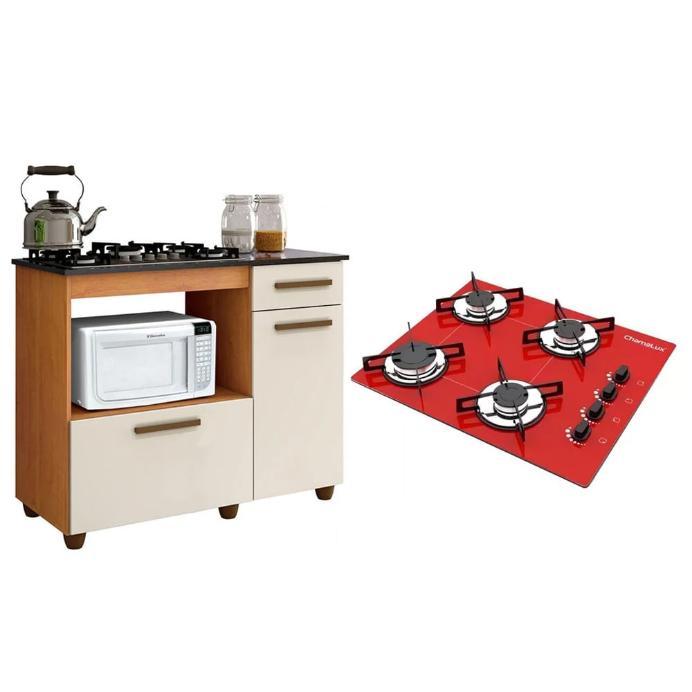 Kit Balcão Para Cooktop Cozinha Kaiki Violeta Nature Off White Com Fogão Cooktop 4 Bocas Ultrachama Vermelho Chamalux