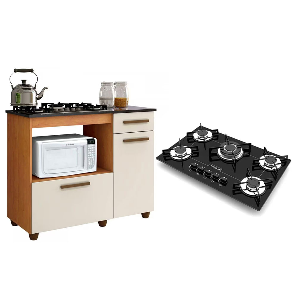 Kit Balcão Para Cooktop Cozinha Kaiki Violeta Nature/off White Com Fogão Cooktop 5 Bocas Tripla Chama Preto Chamalux