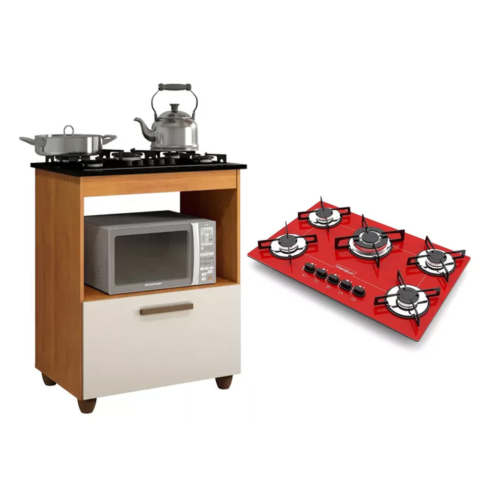 Kit Balcão Para Cooktop Cozinha Kaiki Salvia Nature Off White Com Fogão Cooktop 5 Bocas Tripla Chama Vermelho Chamalux