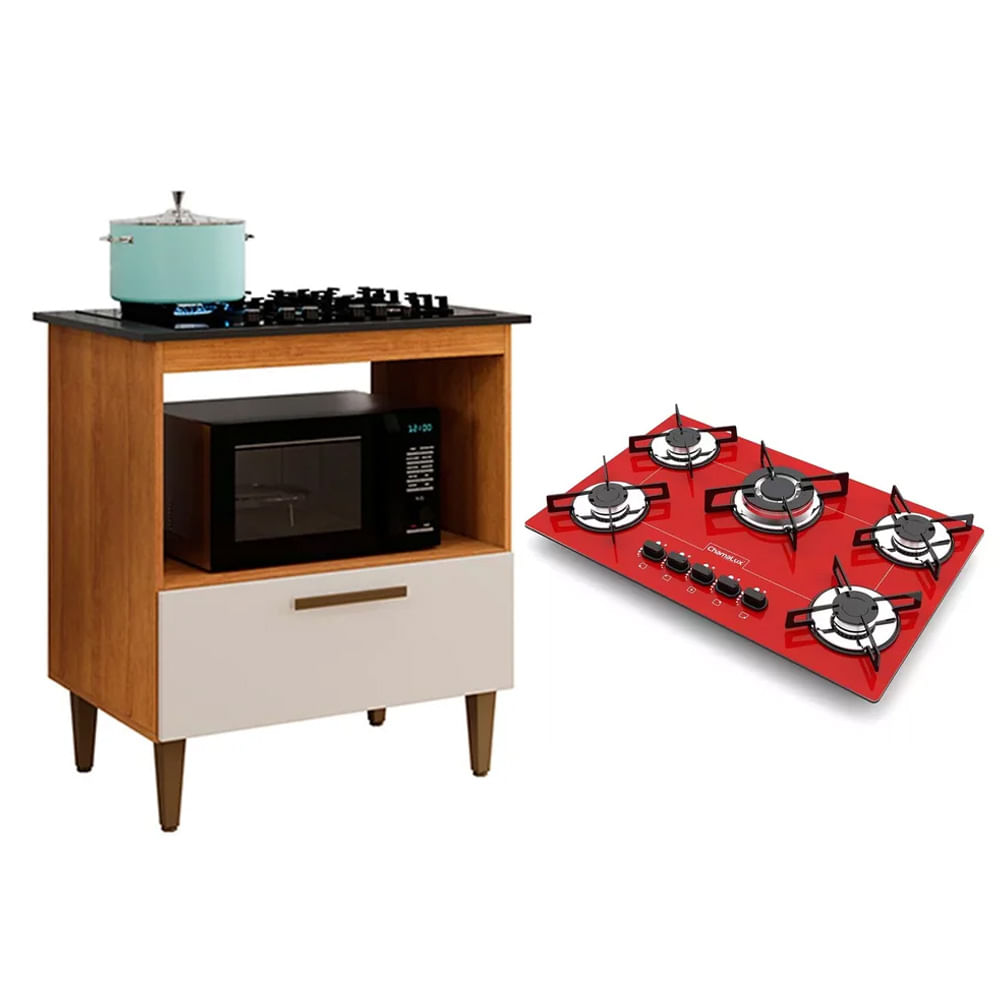 Kit Balcão Para Cooktop Cozinha Kaiki Eliz Nature Off White Com Fogão Cooktop 5 Bocas Tripla Chama Vermelho Chamalux