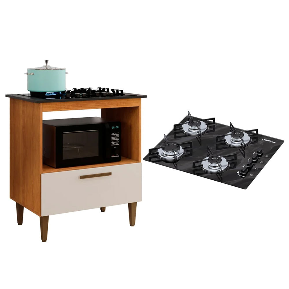 Kit Balcão Para Cooktop Cozinha Kaiki Eliz Nature Off White Com Fogão Cooktop 4 Bocas Ultrachama Preto Mármore