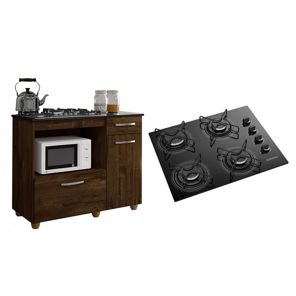 Kit Balcão Para Cooktop Cozinha Kaiki Violeta Rovere Com Fogão Cooktop 4 Bocas Essencial Itatiaia Preto