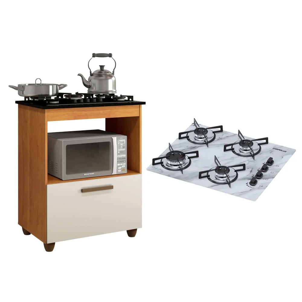 Kit Balcão Para Cooktop Cozinha Kaiki Salvia Nature Off White Com Fogão Cooktop 4 Bocas Ultrachama Branco Mármore Chamalux