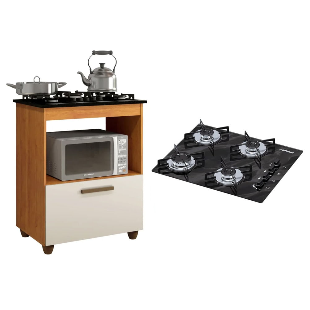 Kit Balcão Para Cooktop Cozinha Kaiki Salvia Nature Off White Com Fogão Cooktop 4 Bocas Ultrachama Preto Mármore Chamalux