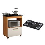 Kit Balcão Para Cooktop Cozinha Kaiki Salvia Nature Off White Com Fogão Cooktop 5 Bocas Chamalux Preto Mármore