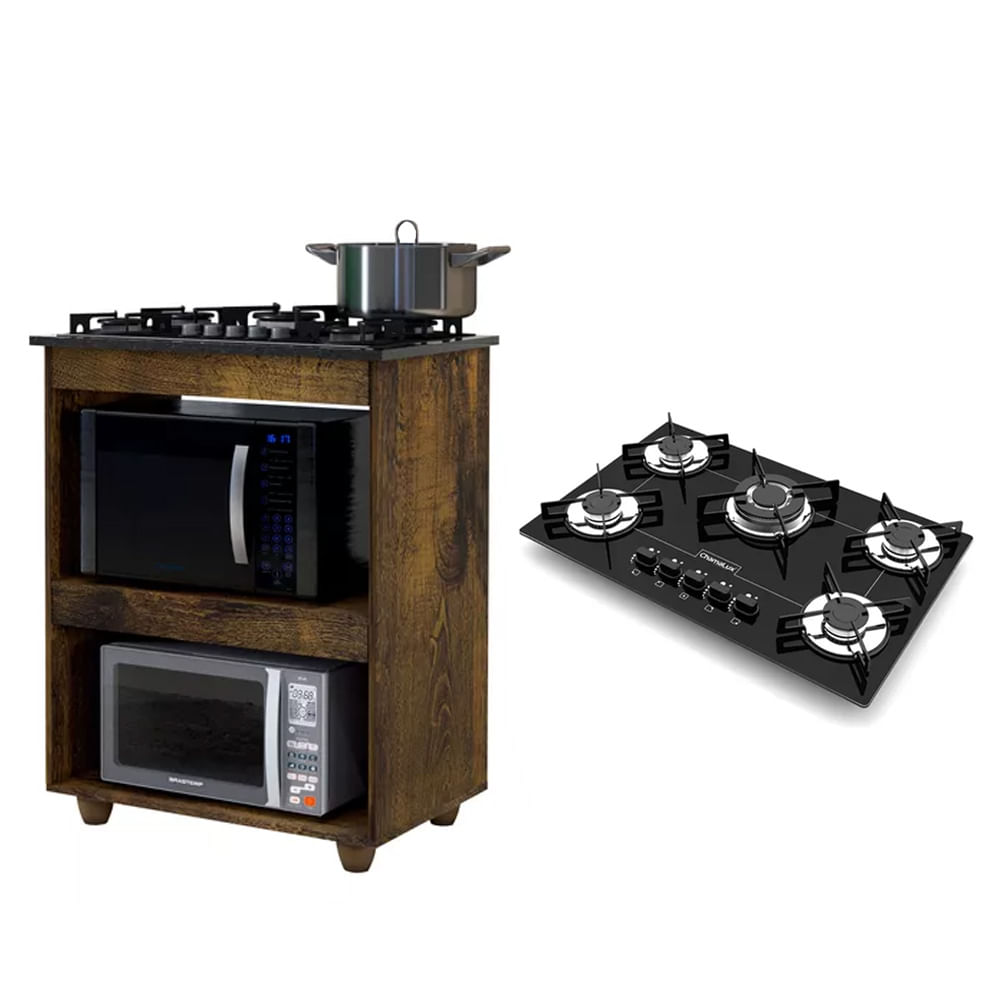 Kit Balcão Kaiki Turim Ype E Fogão Cooktop 5 Bocas Tripla Chama Preto Chamalux