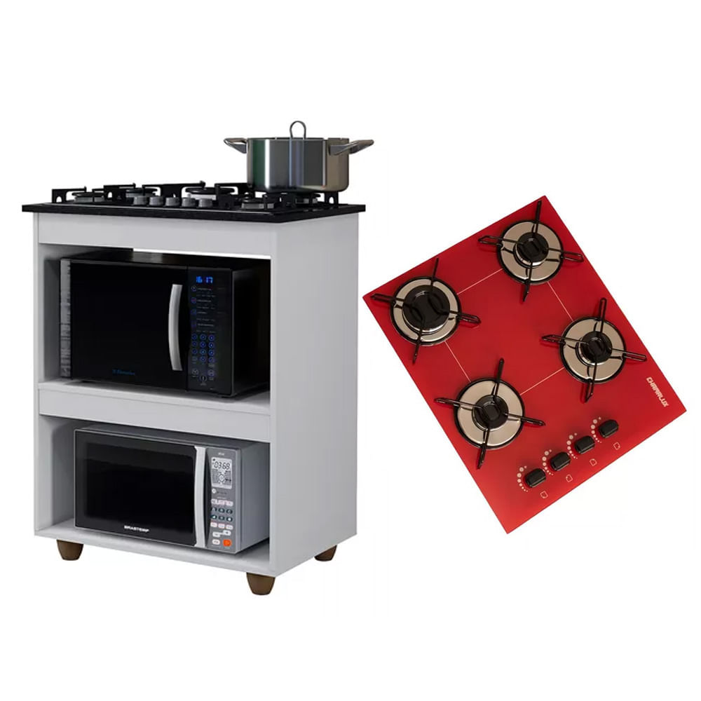 Kit Balcão Para Cooktop Cozinha Kaiki Turim Branco Com Fogão Cooktop 4 Bocas Ultra Chama Vermelho Trempe Arame