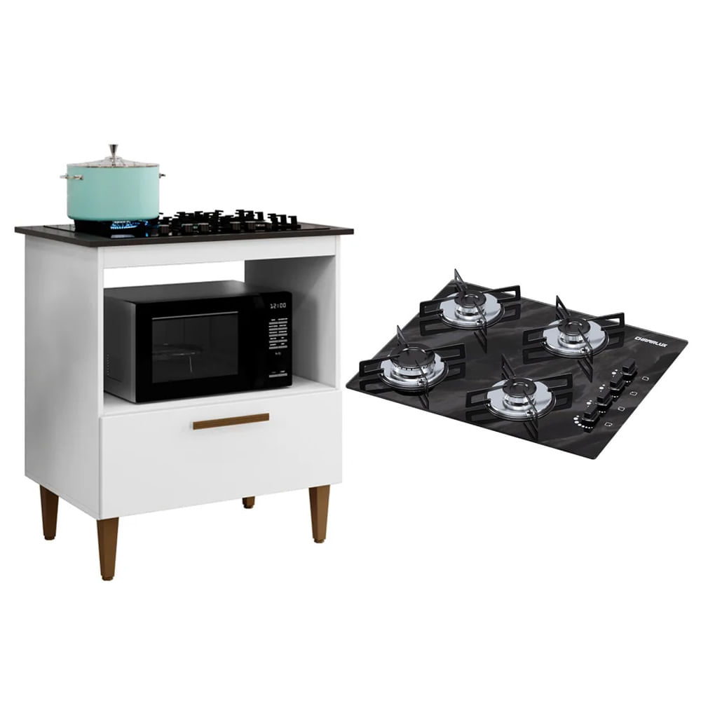 Kit Balcão Para Cooktop Cozinha Kaiki Eliz Branco Com Fogão Cooktop 4 Bocas Ultrachama Preto Mármore