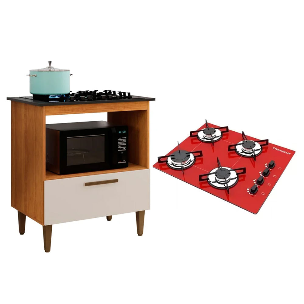 Kit Balcão Para Cooktop Cozinha Kaiki Eliz Nature Off White Com Fogão Cooktop 4 Bocas Ultra Chama Vermelho Chamalux