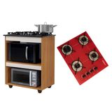 Kit Balcão Para Cooktop Cozinha Kaiki Turim Nature Off White Com Fogão Cooktop 4 Bocas Vermelho Trempe Aramada Chamalux