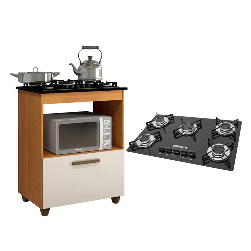 Kit Balcão Cooktop Salvia Nature Off White E Cooktop 5 Bocas Ultra Chama Trempe Chapa Preto