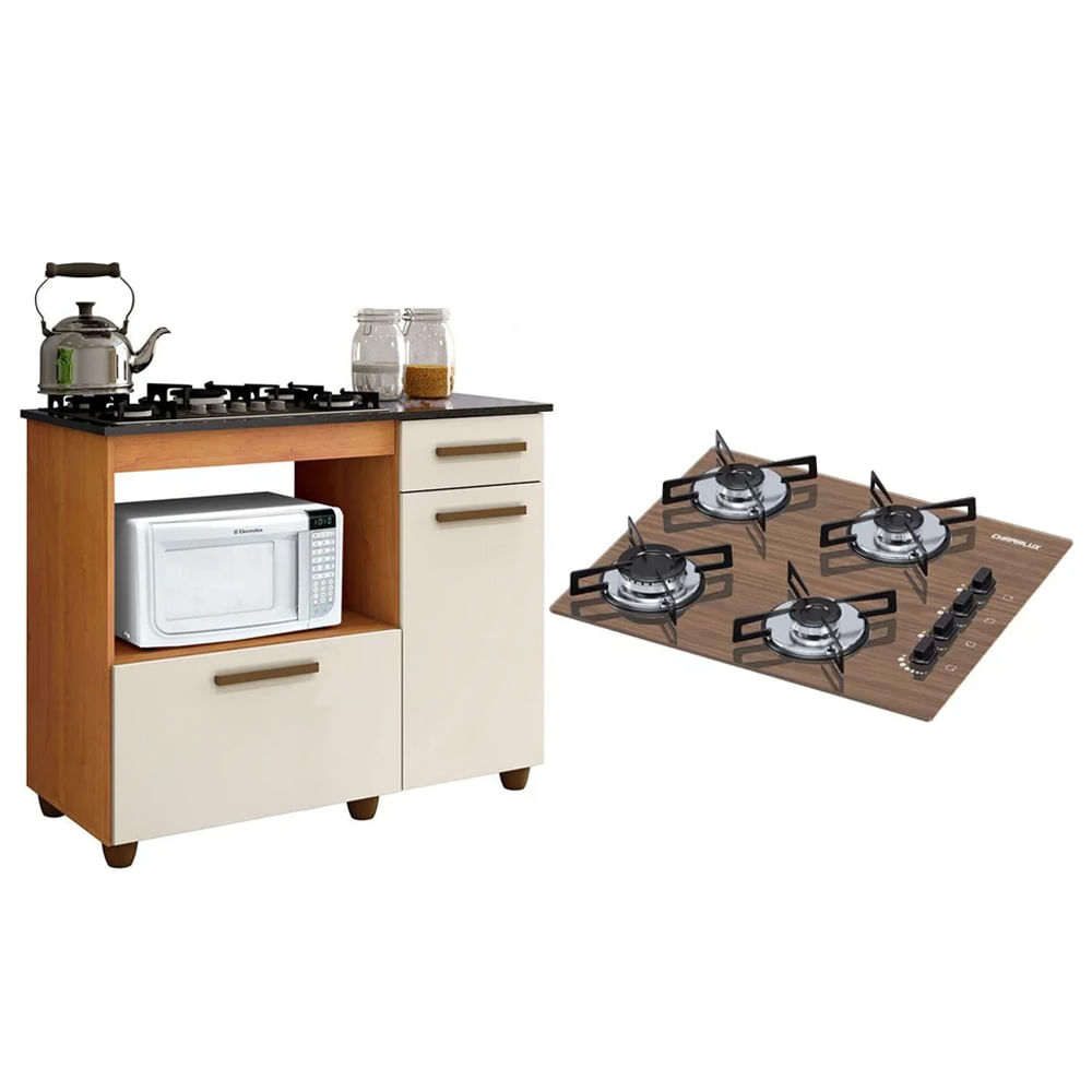 Kit Balcão Para Cooktop Cozinha Kaiki Violeta Nature Off White Com Fogão Cooktop 4 Bocas Ultra Chama Amadeirado Chamalux