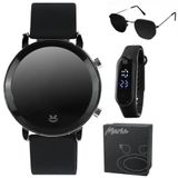 Oculos Protecao Uv + Relogio Digital Aço Inox Redondo Preto Pulseira Ajustavel Casual Silicone