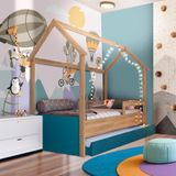 Cama Infantojuvenil Solteiro Com 2 Colchões E Auxiliar Casinha Aveiro Oak Azul Secreto Carrossel Jm