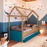 Cama Infantojuvenil Casinha Com Auxiliar E 2 Colchões Aveiro Oak Azul Secreto Sonho Completa Mó