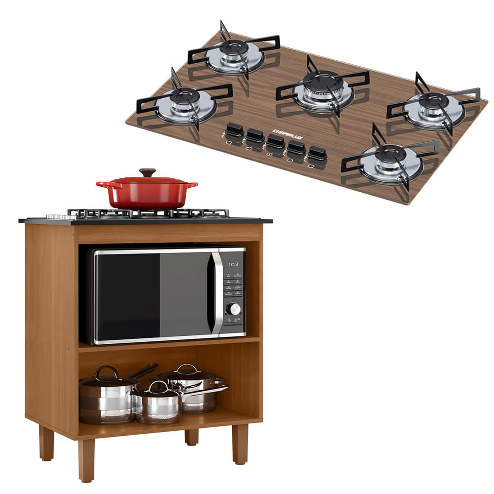 Kit Balcão Cooktop Zanzini Italia Cinamomo Sem Porta E Fogão Cooktop Ultrachama 5 Bocas Amadeirado