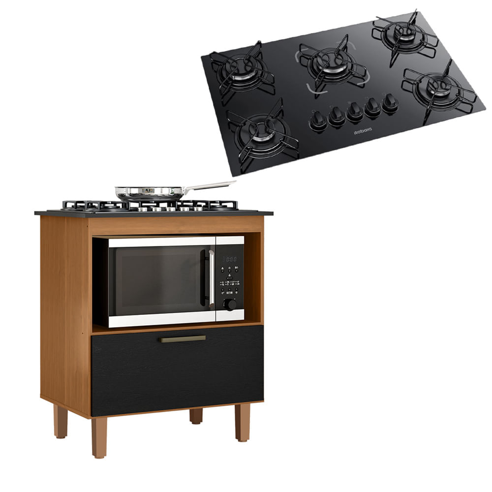 Kit Balcão Cooktop Zanzini Italia Cinamomo/preto 1 Porta E Fogão Cooktop 5 Bocas Essencial Itatiaia Preto