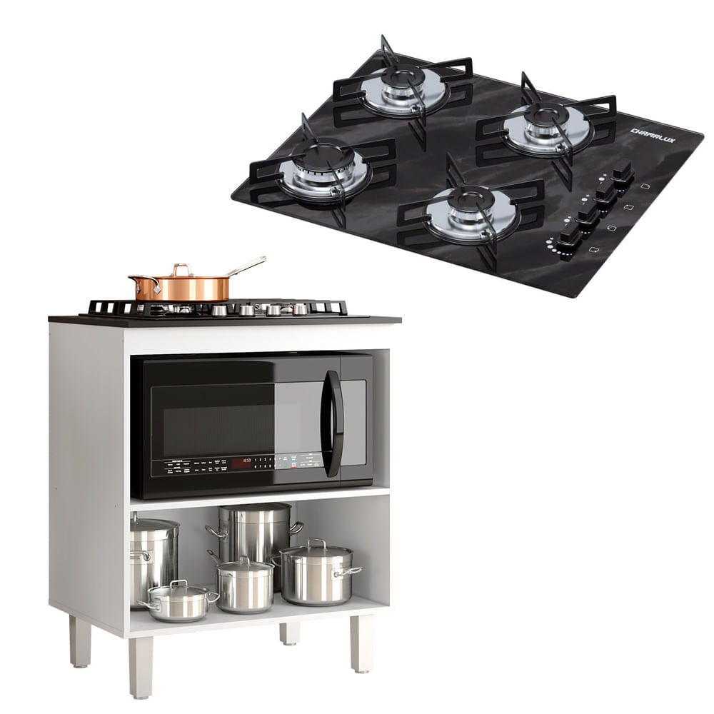 Kit Balcão Cooktop Zanzini Master Branco Sem Porta E Fogão Cooktop 4 Bocas Preto Efeito Mármore Chamalux