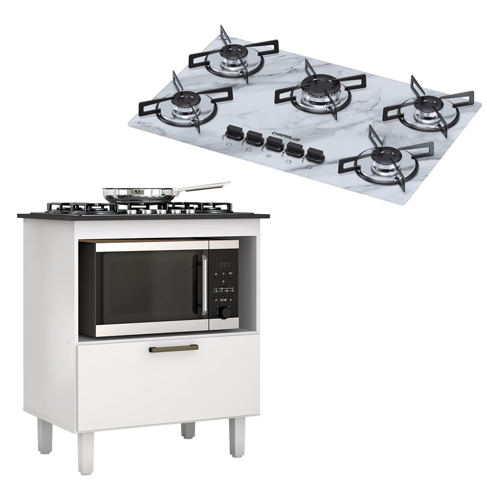 Kit Balcão Cooktop Zanzini Italia Branco 1 Porta E Fogão Cooktop Ultra Chama 5 Bocas Branco Efeito Mármore