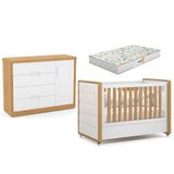 Berço Americano Capitonê New Boucle E Cômoda Infantil Tutto New Freijó Branco Acetinado E Colchão