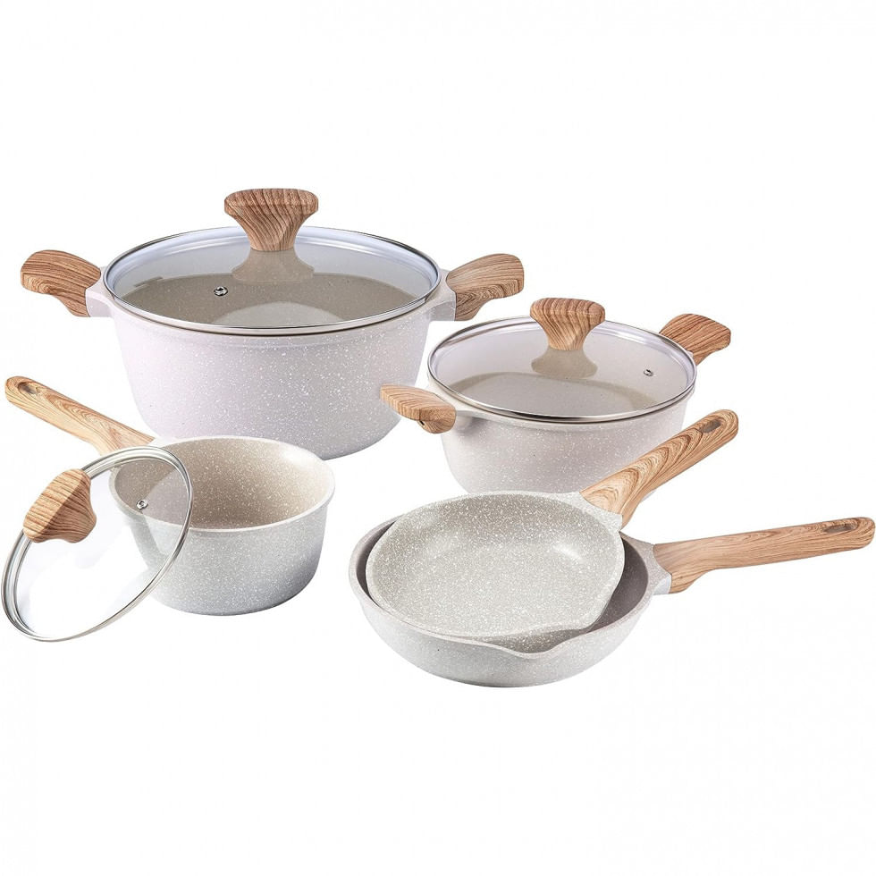 Jogo De Panelas E Frigideiras Antiaderentes Em Aluminio, 8 Pecas, Country Kitchen, Creme