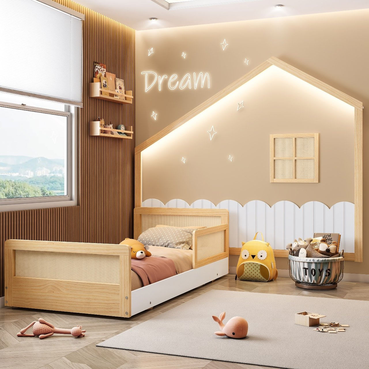 Cama Montessoriana Lift Solteiro Com 1 Grade E Moldura Infantil Casinha Com Led Dream Decor Casatema Branco/natural