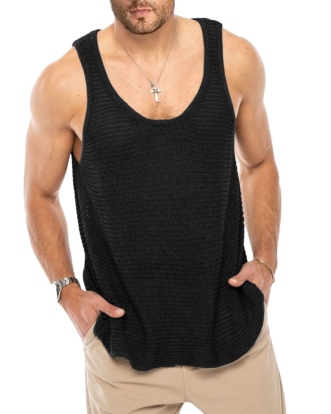 Camiseta Regata Lanliun Transparente Sem Mangas Para Homens Preta