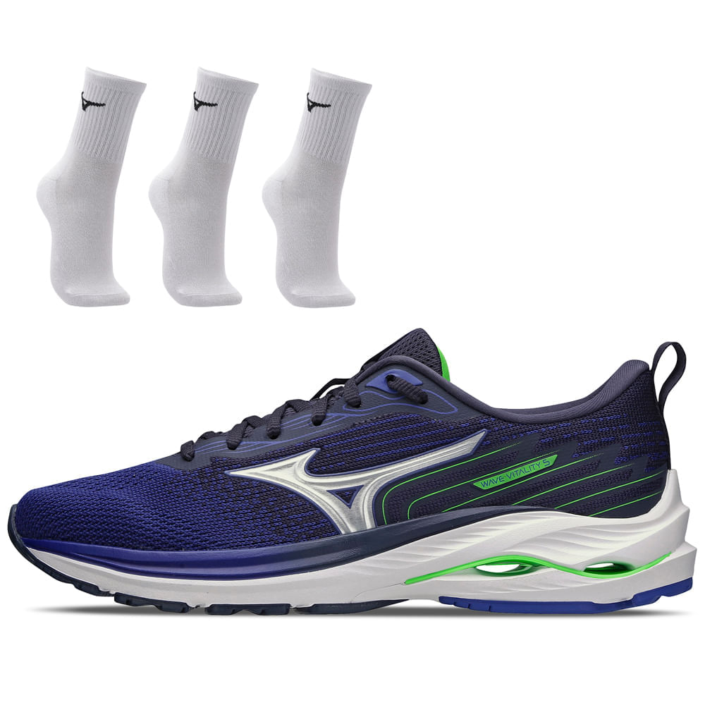 Kit 1 Tênis De Corrida Masculino Mizuno Wave Vitality 5 E 3 Pares De Meia Cano Médio