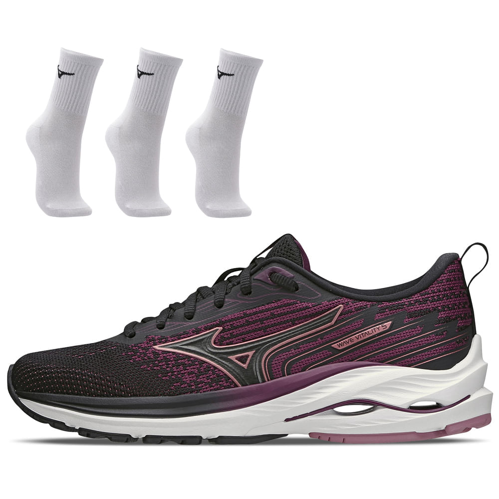 Kit 1 Tênis De Corrida Feminino Mizuno Wave Vitality 5 E 3 Pares De Meia Cano Médio