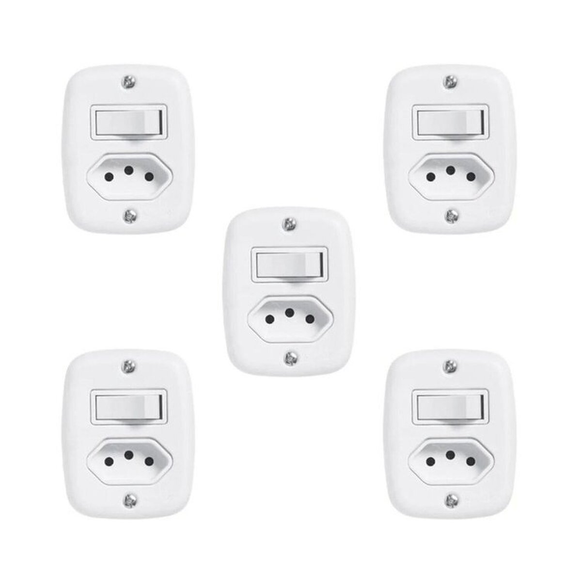 Conjunto De 5 Interruptores De 1 Tecla Simples E Tomada 2p+t 20a , Com Placa De Sobrepor Branco