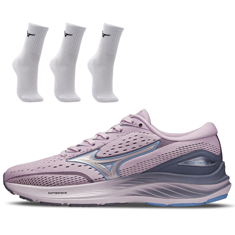 Kit 1 Tênis De Corrida Feminino Mizuno Action 3 E 3 Pares De Meia Cano Médio