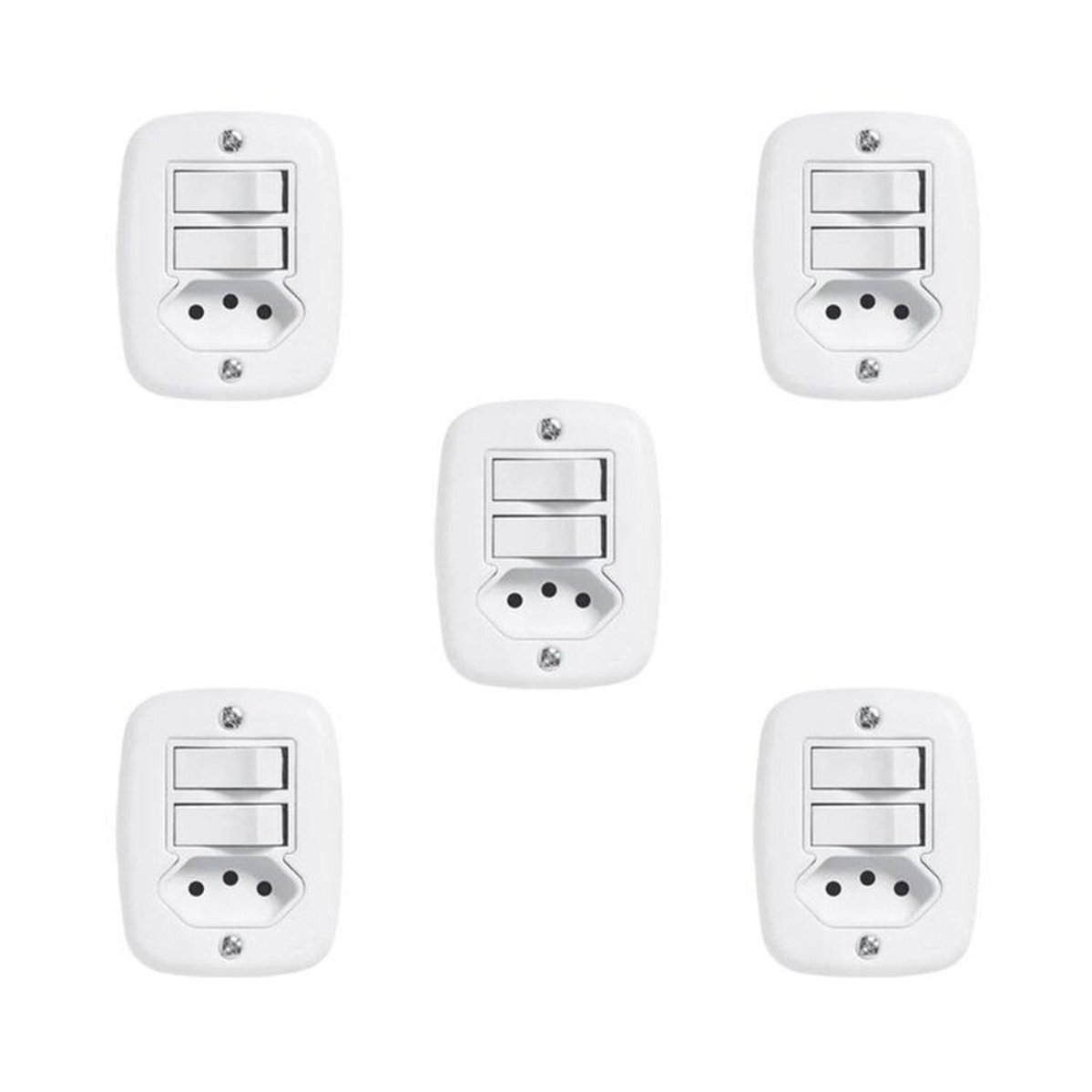 Conjunto De 5 Interruptores De 2 Tecla Simples E Tomada 2p+t 20a , Com Placa De Sobrepor Branco