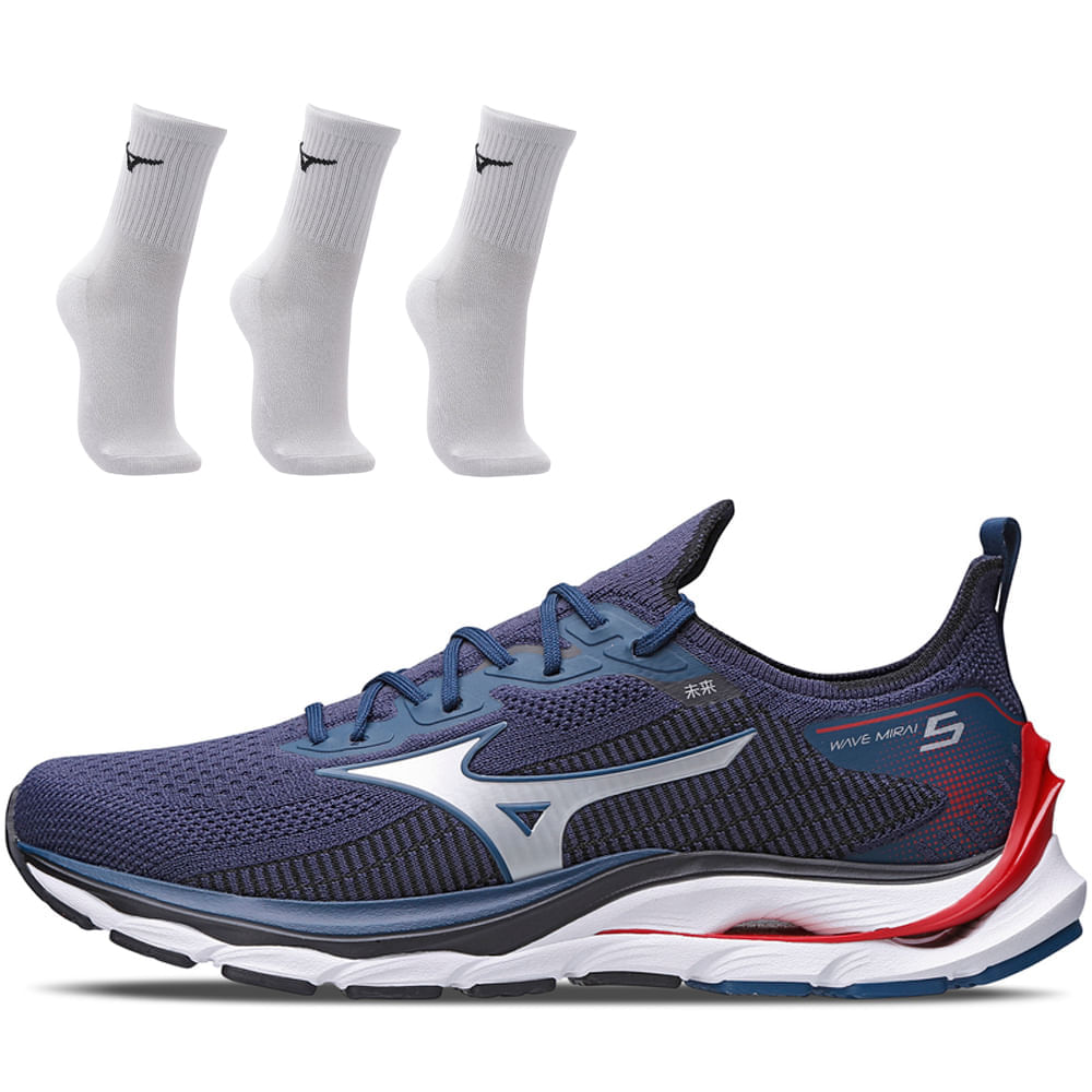 Kit 1 Tênis De Corrida Masculino Mizuno Wave Mirai 5 E 3 Pares De Meia Cano Médio