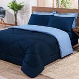 Kit Edredomjogo De Lençol Aconchego Look House Dupla Face Casal Queen 06 Peças - Azul Marinho E Azul