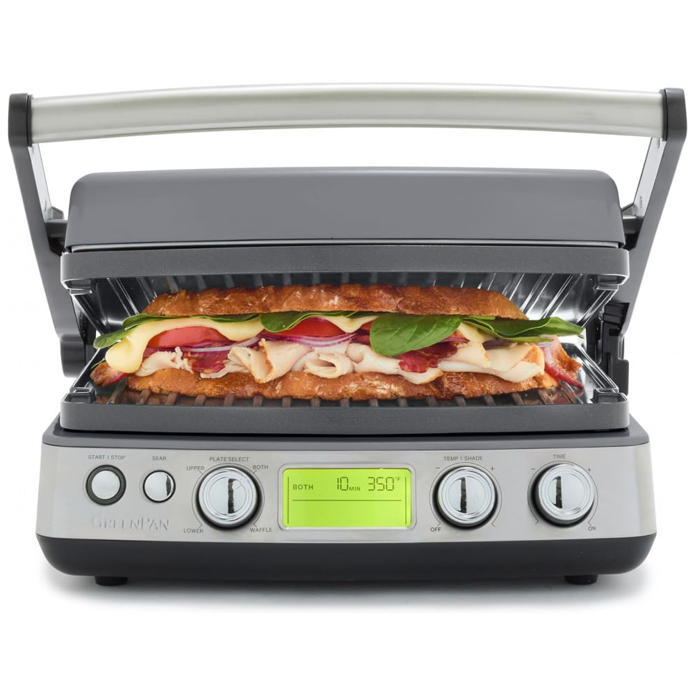 Grill Elétrico 7 Em 1 Com Dois Conjuntos De Placas De Waffle Para Grelha E Tesoura De Sombra Ajustável, 110v, Greenpan, Cinza