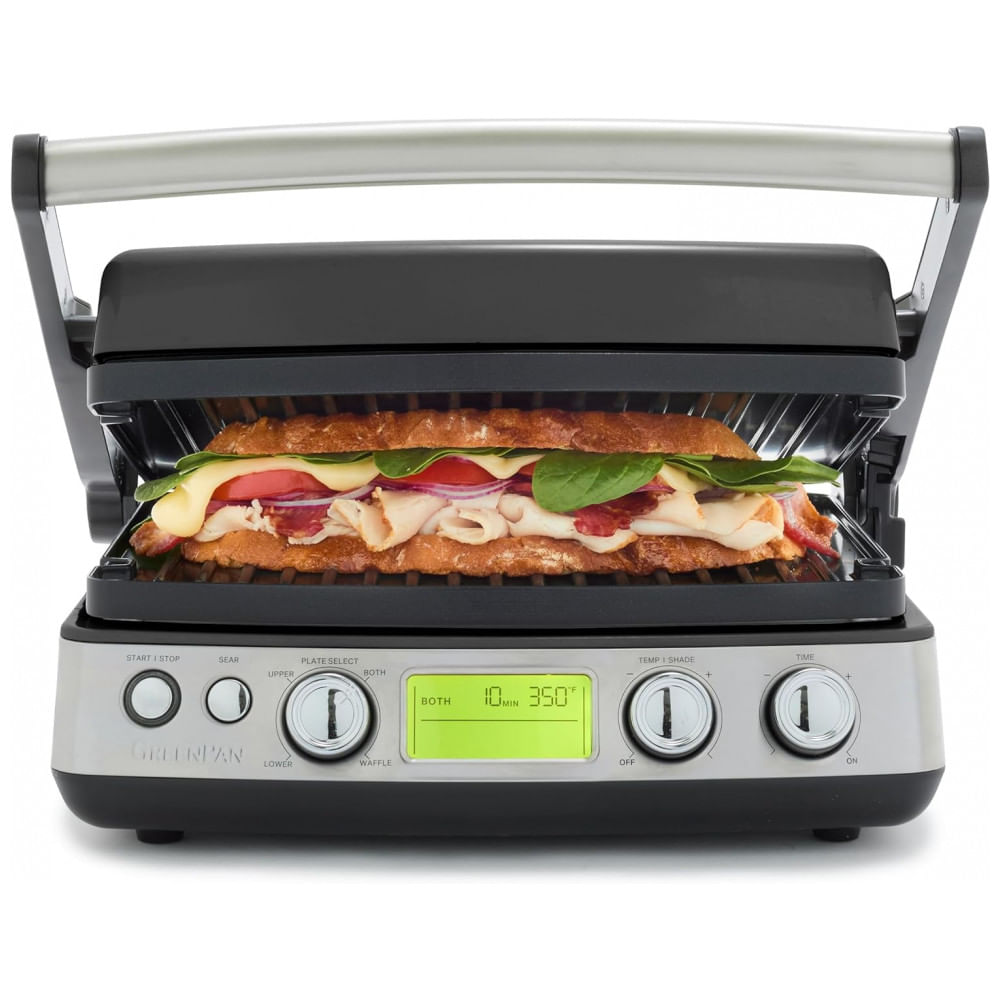 Grill Elétrico 7 Em 1 Com Dois Conjuntos De Placas De Waffle Para Grelha E Tesoura De Sombra Ajustável, 110v 1600w, Greenpan, Preto